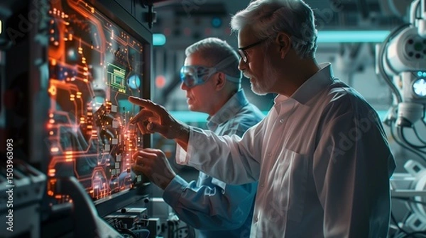 Fototapeta side profile shot of an industrial engineer and a supervisor engaged in a technical discussion over an ongoing motherboard assembly process 