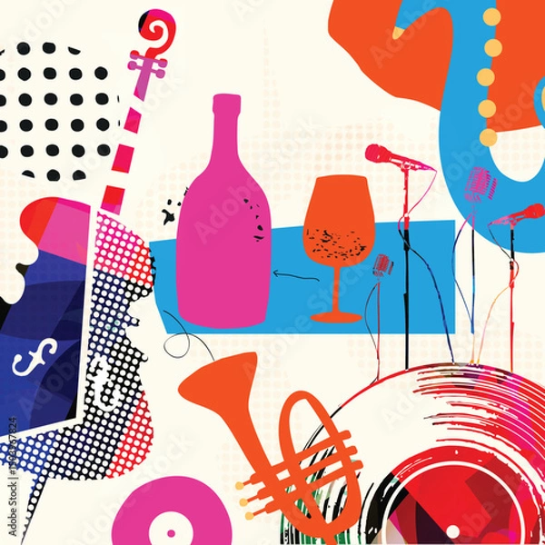 Obraz Colorful Abstract Music Instruments Background, Modern Jazz Art Style Vector