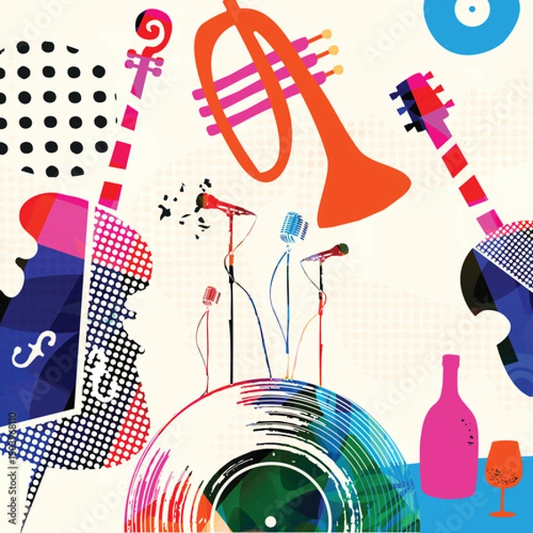 Obraz Colorful Abstract Music Instruments Background, Modern Jazz Art Style Vector