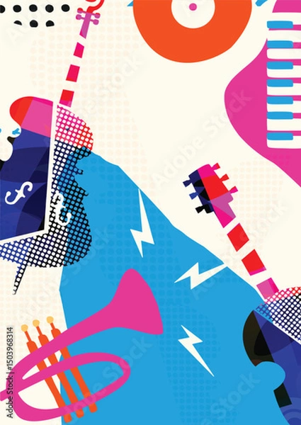 Obraz Colorful Abstract Music Instruments Background, Modern Jazz Art Style Vector