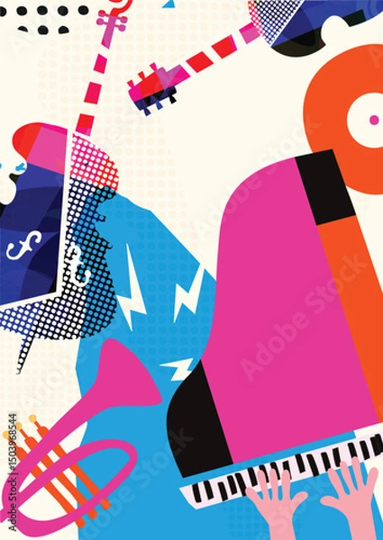 Obraz Colorful Abstract Music Instruments Background, Modern Jazz Art Style Vector