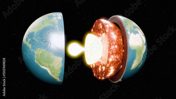 Obraz Molten Earth Core Exposed - Concept of Planet Core Structure, Geothermal Energy, Heat, and Inner Layers, 3D Render