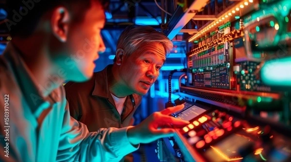 Fototapeta side profile shot of an industrial engineer and a supervisor engaged in a technical discussion over an ongoing motherboard assembly process 