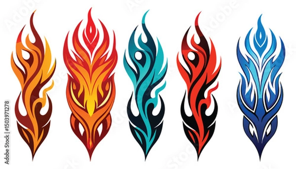 Obraz Five stylized flame designs showcasing various color palettes, from earthy brown and vibrant red to cool teal and deep blue hues, perfect for graphic design elements, tattoo inspiration, and symbolic 