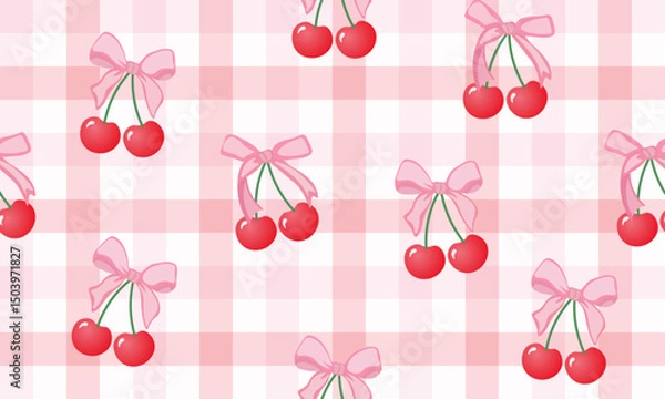 Obraz bow seamless patterns, ribbon, gift wrapping paper seamless pattern, Vector graphics. happy birthday, anniversary, party, celebration, fabric, textile, cherry and bow ribbon, red pink, check
