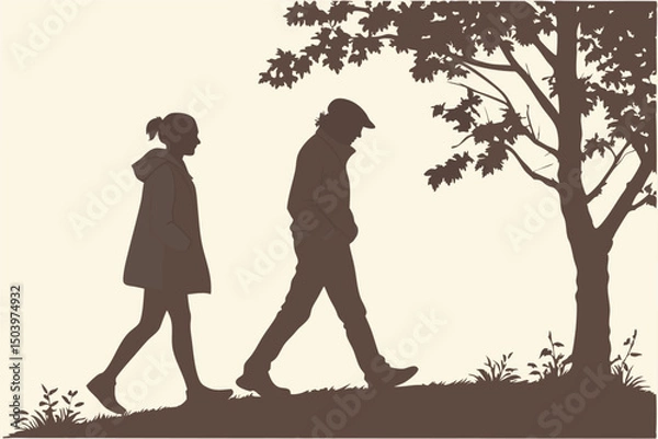 Obraz Silhouette of man and woman walking under a tree graphic