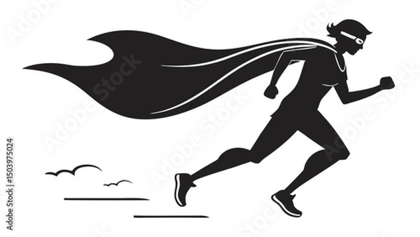 Obraz Silhouette of super hero woman running with cape and mask in black