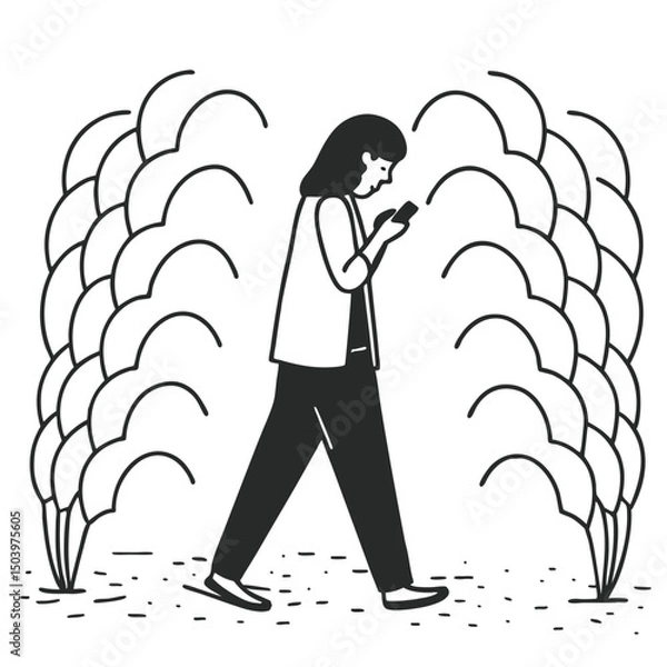 Obraz Woman walking and texting with abstract trees minimalist line art illustration