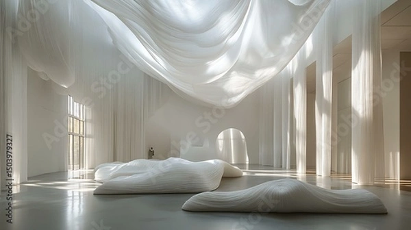 Obraz Floating Silence Studio layered with fabric waves, diffused skylight, and hovering objects Weightless Minimalist Architecture Silence-Focused Interior Design