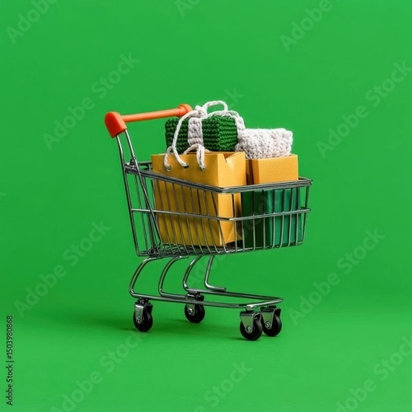 Obraz Shopping Cart Filled with Colorful Gifts on a Bright Green Background