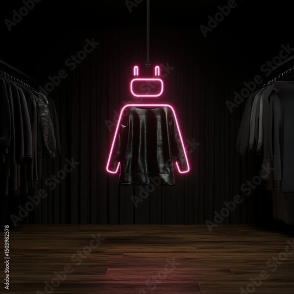Obraz Neon Light Display of Clothing on Hanger in Dark Retail Space
