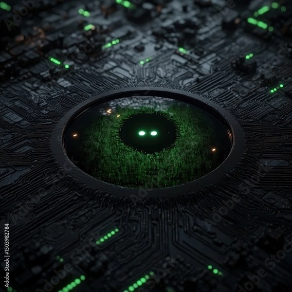 Obraz Futuristic Circuit Board Design with Green Neon Elements and Glow
