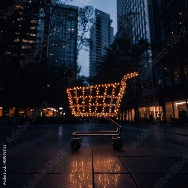 Obraz Illuminated Shopping Cart at Night in Urban Setting with Twinkling Lights
