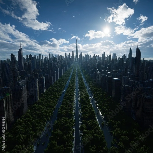 Obraz Futuristic Cityscape with Lush Greenery and Urban Skyline