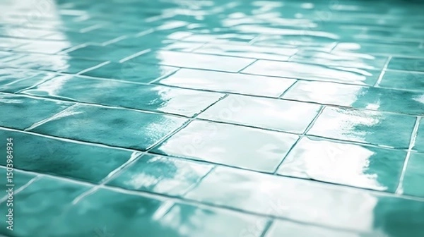 Fototapeta Blue ceramic tiles under clear pool water, perfect for seamless water textures, vacation graphics, and poolside content.