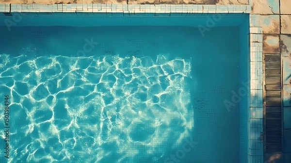 Fototapeta Blue ceramic tiles under clear pool water, perfect for seamless water textures, vacation graphics, and poolside content.