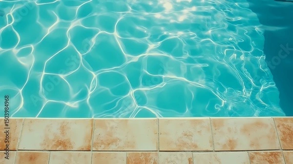 Fototapeta Blue ceramic tiles under clear pool water, perfect for seamless water textures, vacation graphics, and poolside content.