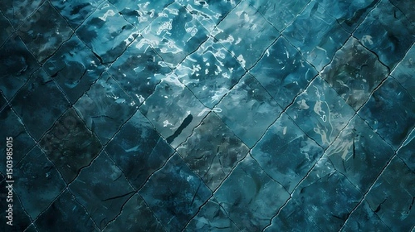 Fototapeta Blue ceramic tiles under clear pool water, perfect for seamless water textures, vacation graphics, and poolside content.