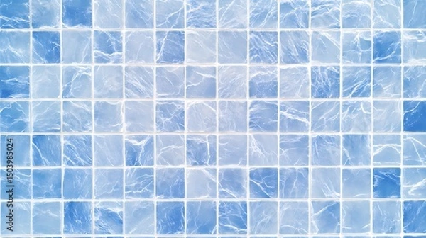 Fototapeta Blue ceramic tiles under clear pool water, perfect for seamless water textures, vacation graphics, and poolside content.