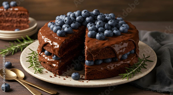 Fototapeta Chocolate Cake with Blueberries Recipe  Image