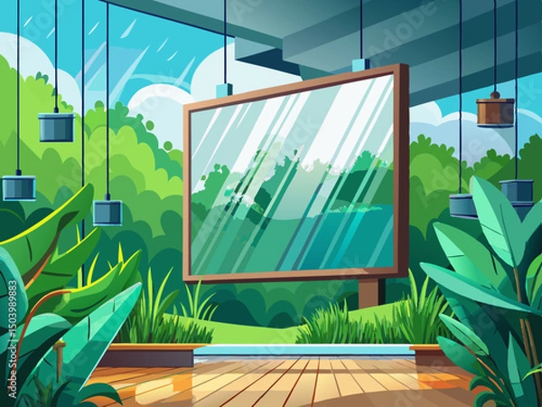 Fototapeta vector of Blank canvas on wall in modern room with green view outside during rainy day suitable for artwork