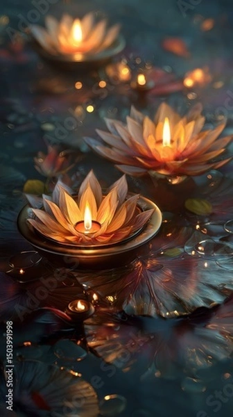 Fototapeta Floating Lotus Candles Illuminate Tranquil Water During Evening Festival Celebration