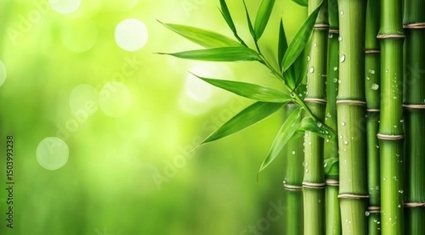 Fototapeta Lush green bamboo stalks with fresh leaves, dew drops, and a soft green background
