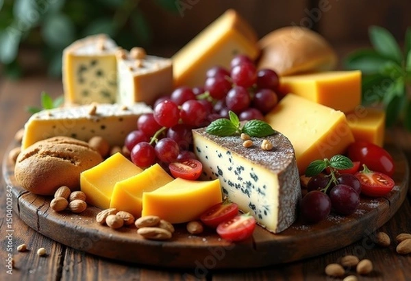 Obraz vibrant gourmet cheese platter assortment colorful display artisanal delicacies vegetables nuts grapes breads beautiful presentation, appetizer, feast, food
