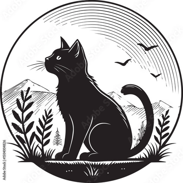 Fototapeta Stylized black cat silhouette sitting in a scenic circular landscape with mountains, birds, and botanical elements. Elegant vector art perfect for tattoos, logos, prints, and minimalist decor.