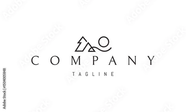 Fototapeta Vector logo with an abstract image of a pine tree and a mountain with the sun and a wave.