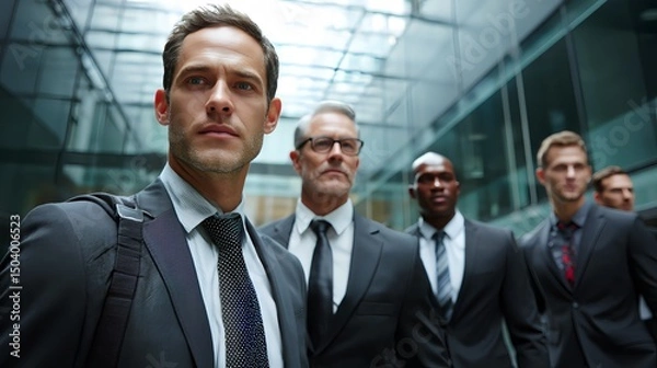 Obraz A diverse group of business people walking confidently through a modern building, exuding professionalism and success