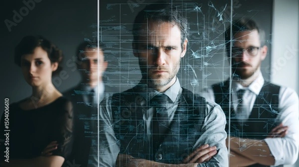 Fototapeta Team of business professionals standing confidently behind a transparent screen displaying data analysis. The image evokes a sense of determination and strategic planning.