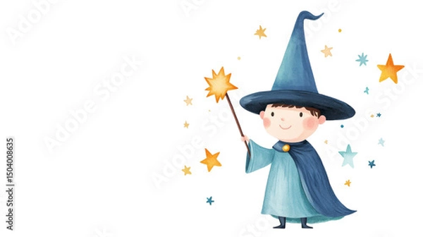Fototapeta Cheerful cartoon character dressed as wizard, holding magic wand and surrounded by stars, evokes sense of wonder and magic