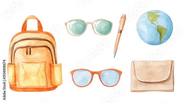Fototapeta Travel essentials including backpack, sunglasses, pen, globe, and wallet create perfect adventure vibe