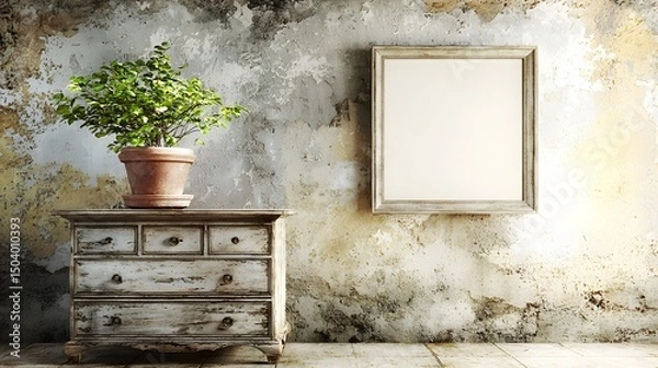 Fototapeta Vintage Wooden Cabinet with Planter Against Textured Wall and Blank Frame in Cozy Interior Space
