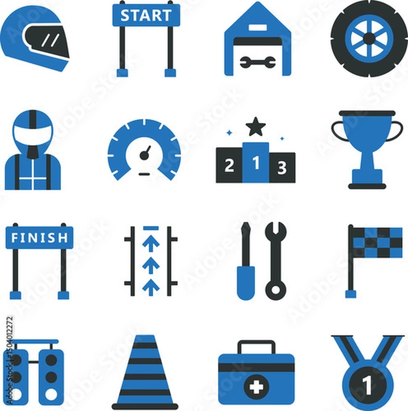 Obraz Auto Racing illustration set. Includes of car race, racing car, motorsport, speed, race track, checkered flag, and More. Vector flat color collection