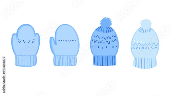 Fototapeta Collection of Blue Winter Mittens and Hats with Unique Patterns and Pom Poms