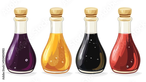 Fototapeta Collection of Colorful Bottles with Different Liquids in Vintage Style on White Background