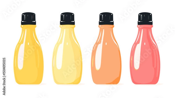 Fototapeta Collection of Colorful Condiment Bottles in Yellow, Orange and Red on a White Background