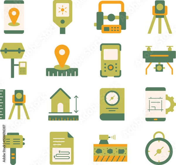 Obraz Geodetic Survey illustration set. Includes of surveying, land survey, GPS, mapping, topography, and More. Vector flat color collection