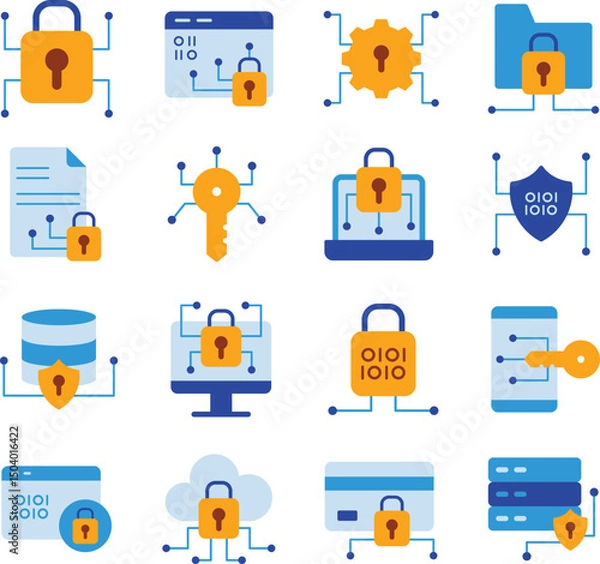 Obraz Data Encryption illustration set. Includes of encryption, cybersecurity, data protection, secure data, privacy, lock, padlock, shield, and More. Vector flat color collection