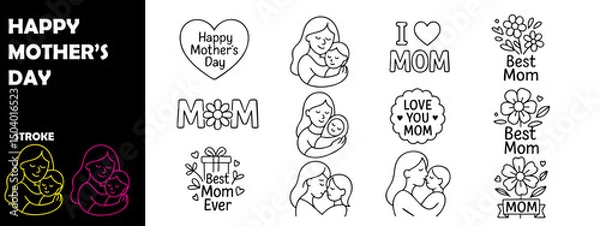 Obraz Happy Mother's Day Outline Vector – Hand Drawn Typography Design for Celebration