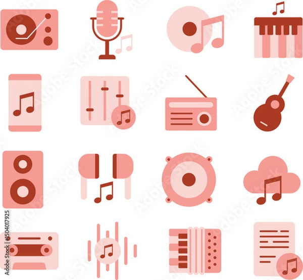 Obraz Music illustration set. Includes of musical note, sound, melody, song, audio, headphones, earphones, speaker, and More. Vector flat color collection