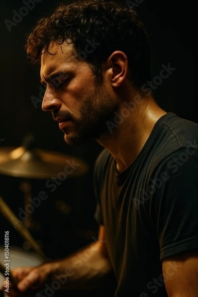 Obraz Young caucasian male drummer in deep focus during intense performance