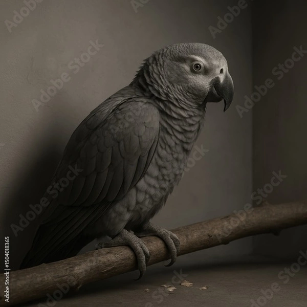 Obraz African grey parrot perched on branch in low light setting