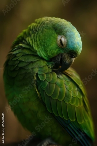 Obraz Vibrant green parrot resting with closed eyes in natural setting