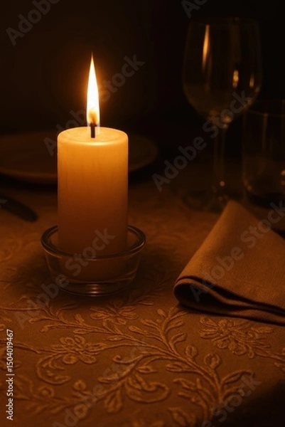 Obraz Cozy candlelit dinner setting with elegant tableware in warm ambiance