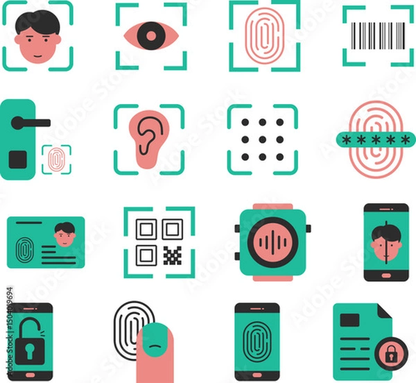 Obraz Biometrics Security illustration set. Includes of fingerprint, face recognition, iris scan, retina scan, hand geometry, biometric ID, authentication, and More. Vector flat color collection