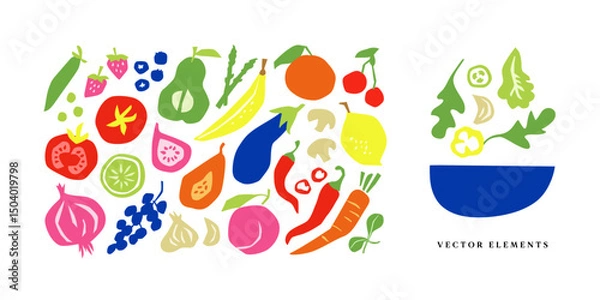 Fototapeta Assorted fruits and vegetables, organic vector illustration in flat minimal style
