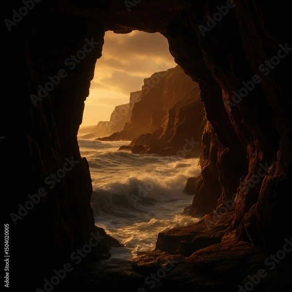 Obraz Dramatic ocean waves crashing against cliffs at sunset through cave view